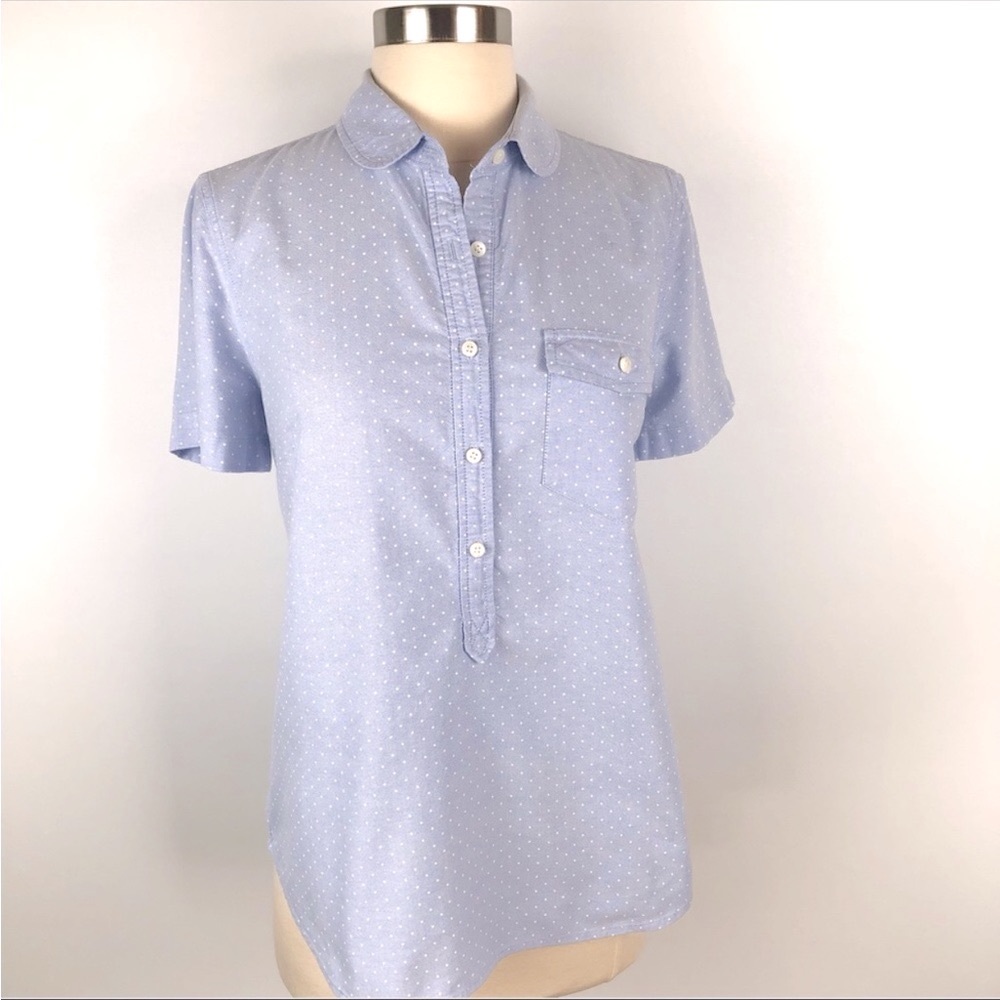 JCrew Size S Short Sleeves Light Blue White Polkadots Boyschool Chambray Shirt
